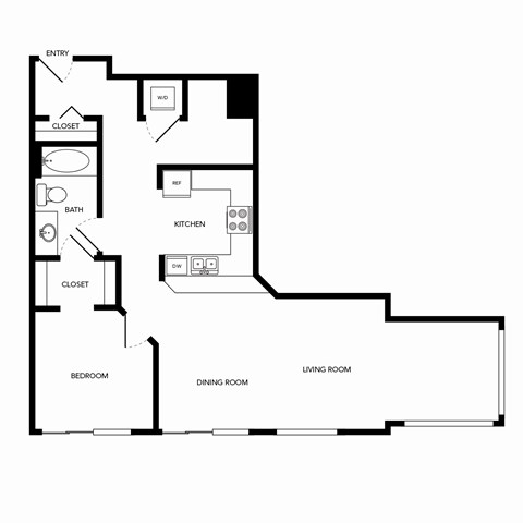 Floor plan for 1 bed, 1 bath, 969 sqft